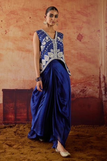 Shop Vinita Bhansali Blue Silk Embroidery, Stones V-neck Samara Waistcoat And Draped Skirt Set Online at Aza Fashions Shop_Vinita Bhansali_Blue Silk Embroidery, Stones V-neck Samara Waistcoat And Draped Skirt Set _Online_at_Aza_Fashions