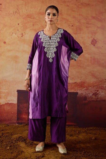 Vinita Bhansali Purple Silk Beads, Sequins, Metallic Naaznin Embroidered Kaftan And Pant Set 