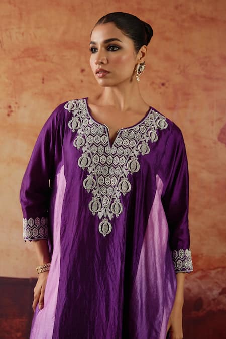 Buy_Vinita Bhansali_Purple Silk Beads, Sequins, Metallic Naaznin Embroidered Kaftan And Pant Set _Online_at_Aza_Fashions