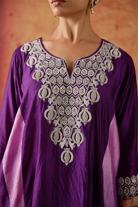 Vinita Bhansali_Purple Silk Beads, Sequins, Metallic Naaznin Embroidered Kaftan And Pant Set _at_Aza_Fashions