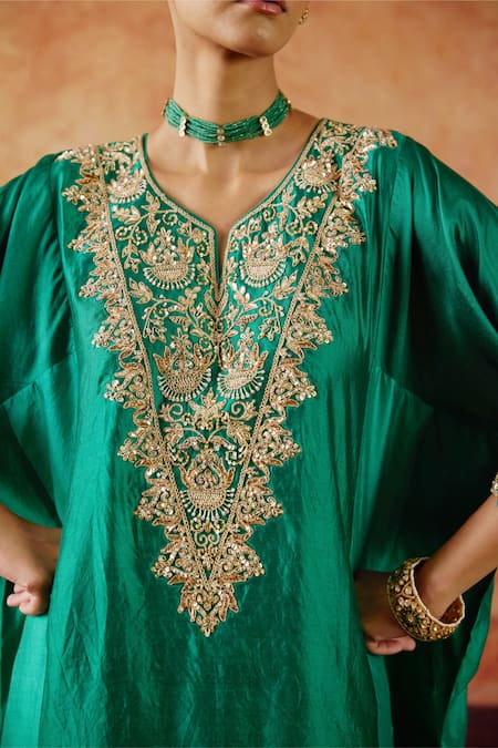 Vinita Bhansali Emerald Green Silk Embroidery, Sequins, Zari, Stones V-neck Maryam Kaftan Set at Aza Fashions Vinita Bhansali_Emerald Green Silk Embroidery, Sequins, Zari, Stones V-neck Maryam Kaftan Set _at_Aza_Fashions