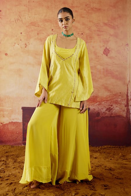 Vinita Bhansali Green Silk, Crepe Embroidery, Sequins Plunge Neck, Arisa Kurta Gharara Set 