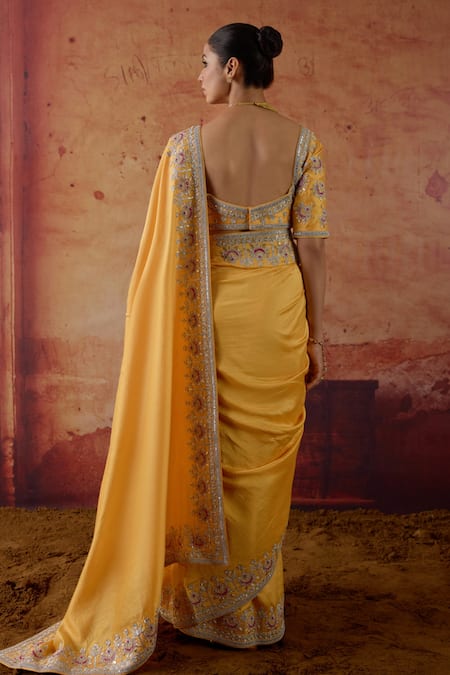 Shop_Vinita Bhansali_Yellow Silk Zari, Stones, Sequins, Embroidery Square Mira Saree With Blouse _at_Aza_Fashions