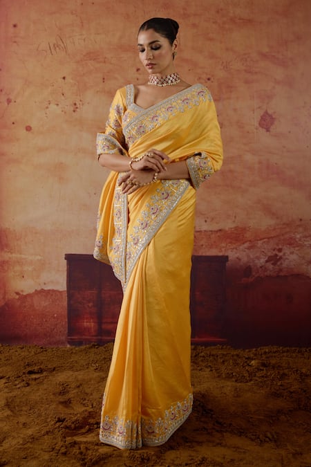 Vinita Bhansali_Yellow Silk Zari, Stones, Sequins, Embroidery Square Mira Saree With Blouse _Online_at_Aza_Fashions