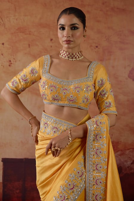 Buy_Vinita Bhansali_Yellow Silk Zari, Stones, Sequins, Embroidery Square Mira Saree With Blouse _Online_at_Aza_Fashions