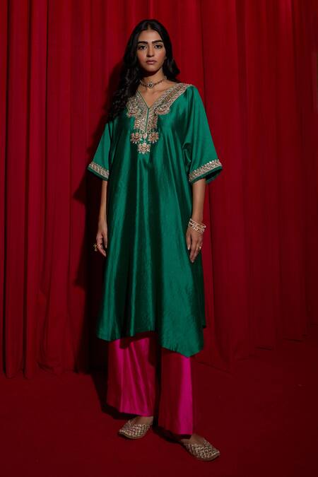 Buy Vinita Bhansali Green Silk Beads, Sequins, Zari Haryali Banni Embroidered Kaftan And Pant Set Online at Aza Fashions Buy_Vinita Bhansali_Green Silk Beads, Sequins, Zari Haryali Banni Embroidered Kaftan And Pant Set _Online_at_Aza_Fashions