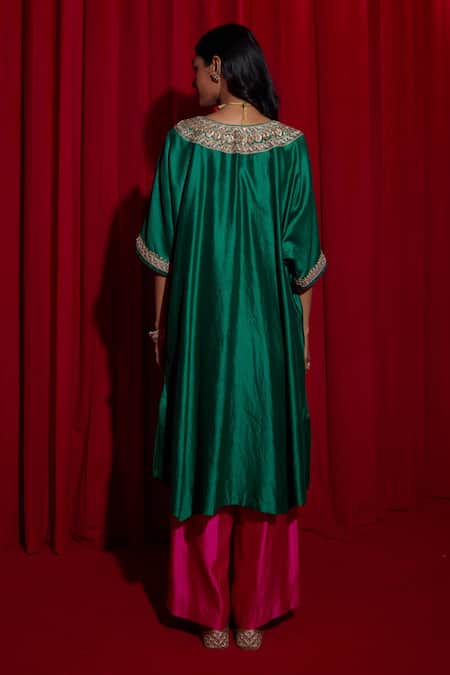 Shop Vinita Bhansali Green Silk Beads, Sequins, Zari Haryali Banni Embroidered Kaftan And Pant Set at Aza Fashions Shop_Vinita Bhansali_Green Silk Beads, Sequins, Zari Haryali Banni Embroidered Kaftan And Pant Set _at_Aza_Fashions
