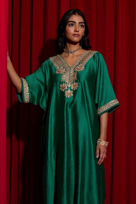 Shop Vinita Bhansali Green Silk Beads, Sequins, Zari Haryali Banni Embroidered Kaftan And Pant Set Online at Aza Fashions Shop_Vinita Bhansali_Green Silk Beads, Sequins, Zari Haryali Banni Embroidered Kaftan And Pant Set _Online_at_Aza_Fashions