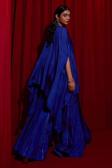 Shop Vinita Bhansali Blue Silk Gota Patti Open , Round Asma Embroidered Cape Sharara Set at Aza Fashions Shop_Vinita Bhansali_Blue Silk Gota Patti Open , Round Asma Embroidered Cape Sharara Set _at_Aza_Fashions