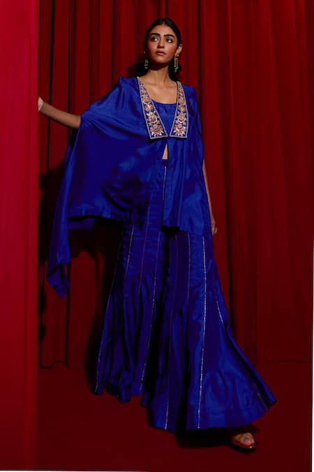 Vinita Bhansali Blue Silk Gota Patti Open , Round Asma Embroidered Cape Sharara Set Online at Aza Fashions Vinita Bhansali_Blue Silk Gota Patti Open , Round Asma Embroidered Cape Sharara Set _Online_at_Aza_Fashions