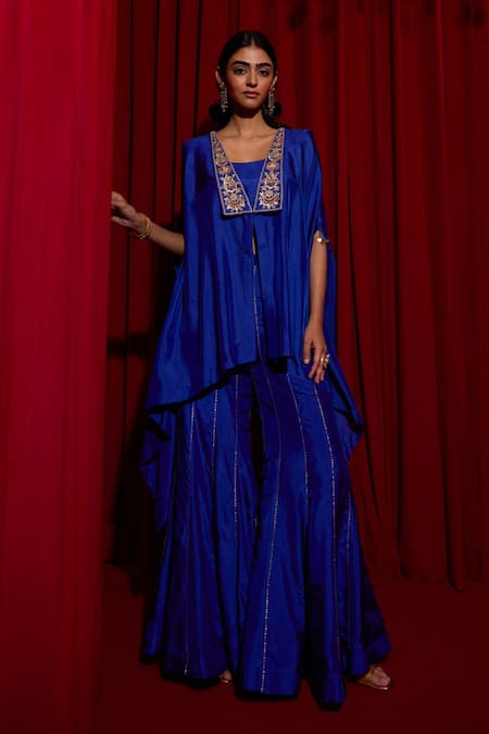 Buy Vinita Bhansali Blue Silk Gota Patti Open , Round Asma Embroidered Cape Sharara Set Online at Aza Fashions Buy_Vinita Bhansali_Blue Silk Gota Patti Open , Round Asma Embroidered Cape Sharara Set _Online_at_Aza_Fashions