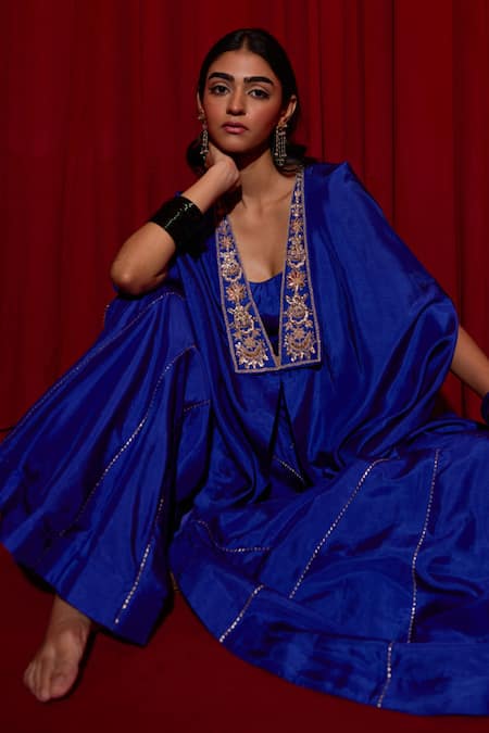 Vinita Bhansali Blue Silk Gota Patti Open , Round Asma Embroidered Cape Sharara Set at Aza Fashions Vinita Bhansali_Blue Silk Gota Patti Open , Round Asma Embroidered Cape Sharara Set _at_Aza_Fashions