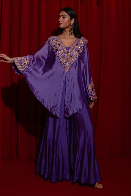 Vinita Bhansali_Purple Silk V-, Square Aafsa Embroidered Cape Sharara Set _Online_at_Aza_Fashions