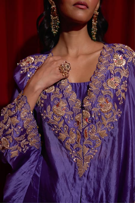 Vinita Bhansali_Purple Silk V-, Square Aafsa Embroidered Cape Sharara Set _at_Aza_Fashions