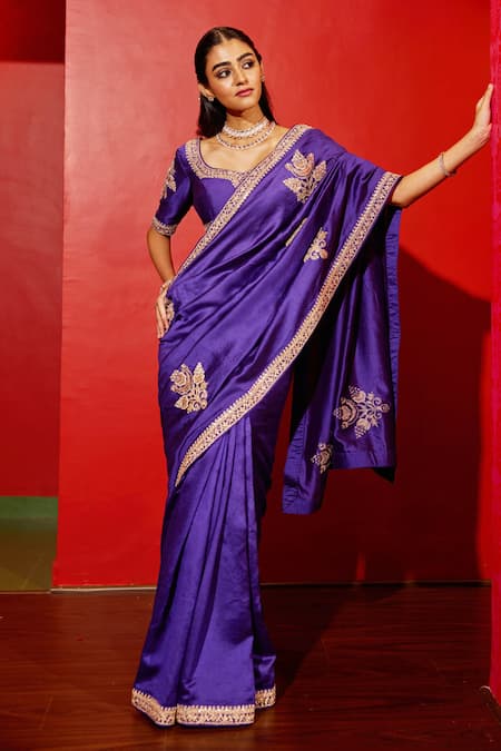Vinita Bhansali Purple Silk Embroidery, Metallic Thread, Zari Leaf Anusha Saree With Blouse 