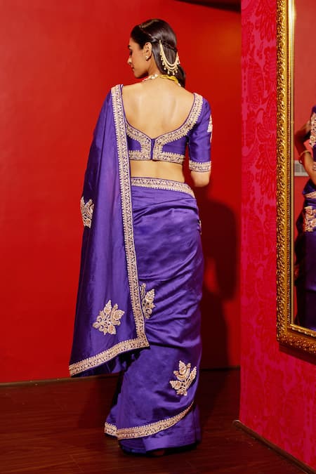 Shop Vinita Bhansali Purple Silk Embroidery, Metallic Thread, Zari Leaf Anusha Saree With Blouse at Aza Fashions Shop_Vinita Bhansali_Purple Silk Embroidery, Metallic Thread, Zari Leaf Anusha Saree With Blouse _at_Aza_Fashions