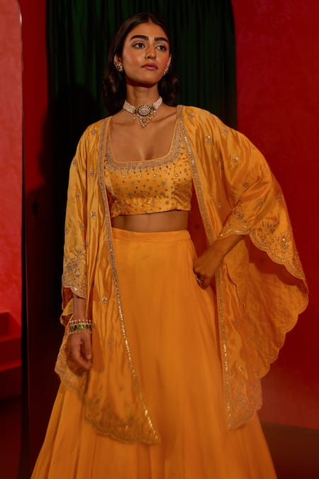 Vinita Bhansali Yellow , Organza Embroidery, Sequins, Stones Aarna Hand Cape Skirt Set Online at Aza Fashions Vinita Bhansali_Yellow , Organza Embroidery, Sequins, Stones Aarna Hand Cape Skirt Set _Online_at_Aza_Fashions
