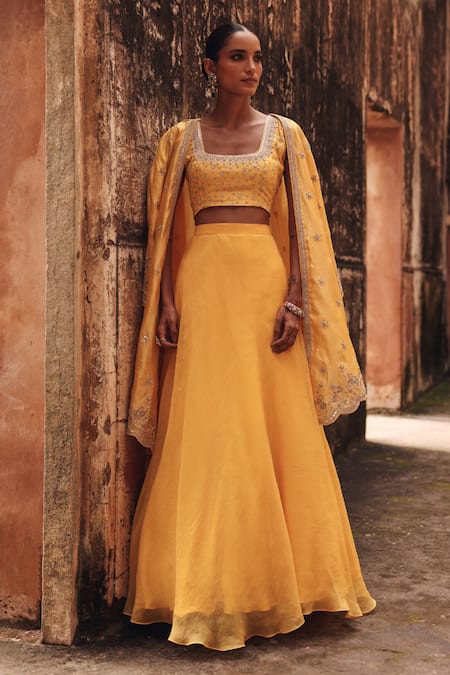 Buy Vinita Bhansali Yellow , Organza Embroidery, Sequins, Stones Aarna Hand Cape Skirt Set Online at Aza Fashions Buy_Vinita Bhansali_Yellow , Organza Embroidery, Sequins, Stones Aarna Hand Cape Skirt Set _Online_at_Aza_Fashions