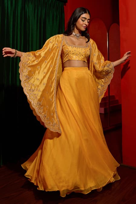 Shop Vinita Bhansali Yellow , Organza Embroidery, Sequins, Stones Aarna Hand Cape Skirt Set Online at Aza Fashions Shop_Vinita Bhansali_Yellow , Organza Embroidery, Sequins, Stones Aarna Hand Cape Skirt Set _Online_at_Aza_Fashions