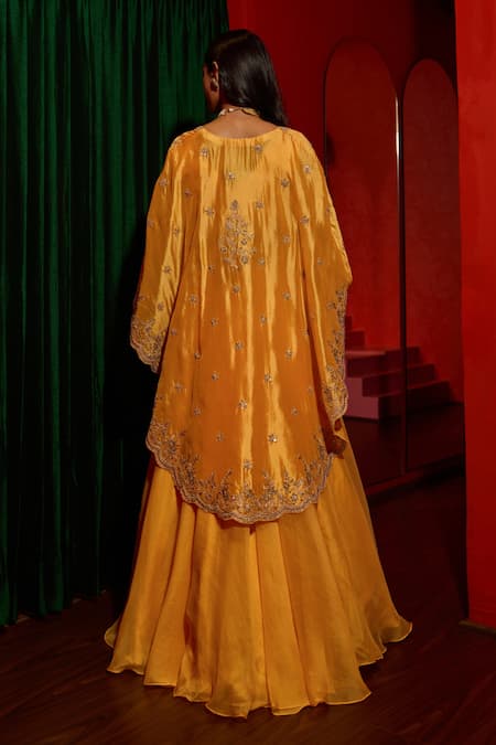 Shop Vinita Bhansali Yellow , Organza Embroidery, Sequins, Stones Aarna Hand Cape Skirt Set at Aza Fashions Shop_Vinita Bhansali_Yellow , Organza Embroidery, Sequins, Stones Aarna Hand Cape Skirt Set _at_Aza_Fashions