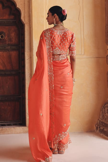 Shop Vinita Bhansali Orange Silk Embroidery, Zari Sweetheart Suraj Mookhi Pure Saree And Blouse Set at Aza Fashions Shop_Vinita Bhansali_Orange Silk Embroidery, Zari Sweetheart Suraj Mookhi Pure Saree And Blouse Set _at_Aza_Fashions