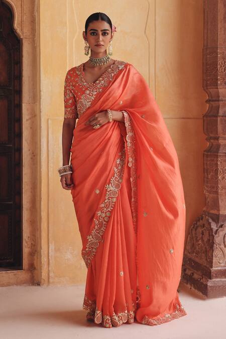 Buy Vinita Bhansali Orange Silk Embroidery, Zari Sweetheart Suraj Mookhi Pure Saree And Blouse Set Online at Aza Fashions Buy_Vinita Bhansali_Orange Silk Embroidery, Zari Sweetheart Suraj Mookhi Pure Saree And Blouse Set _Online_at_Aza_Fashions