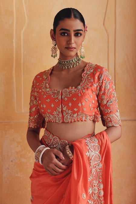 Shop Vinita Bhansali Orange Silk Embroidery, Zari Sweetheart Suraj Mookhi Pure Saree And Blouse Set Online at Aza Fashions Shop_Vinita Bhansali_Orange Silk Embroidery, Zari Sweetheart Suraj Mookhi Pure Saree And Blouse Set _Online_at_Aza_Fashions