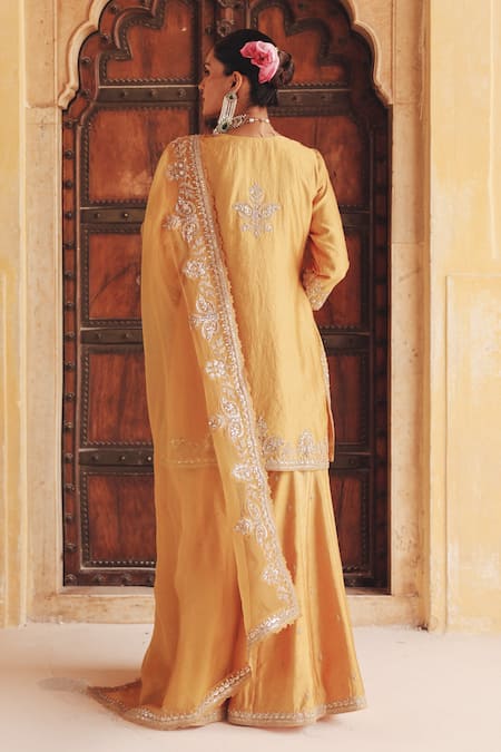 Shop Vinita Bhansali Mustard , Organza Embroidery, Zari, Amara Hand Kurta Sharara Set at Aza Fashions Shop_Vinita Bhansali_Mustard , Organza Embroidery, Zari, Amara Hand Kurta Sharara Set _at_Aza_Fashions