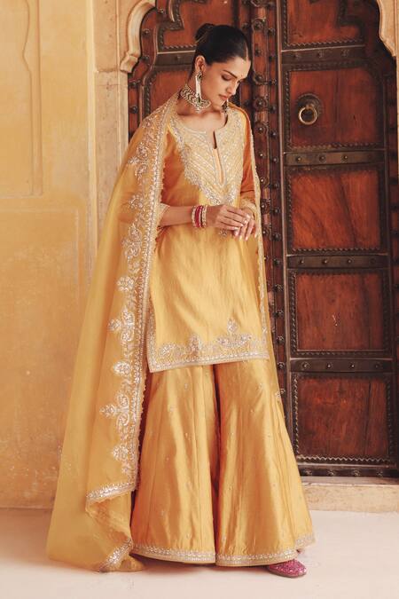 Shop Vinita Bhansali Mustard , Organza Embroidery, Zari, Amara Hand Kurta Sharara Set Online at Aza Fashions Shop_Vinita Bhansali_Mustard , Organza Embroidery, Zari, Amara Hand Kurta Sharara Set _Online_at_Aza_Fashions