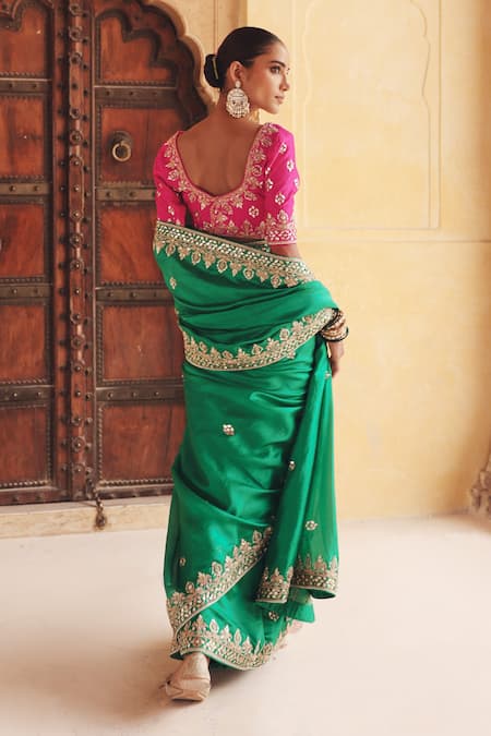 Shop Vinita Bhansali Green Silk Embroidery, Mirrors, Metallic Hariyali Banni Saree With Blouse at Aza Fashions Shop_Vinita Bhansali_Green Silk Embroidery, Mirrors, Metallic Hariyali Banni Saree With Blouse _at_Aza_Fashions