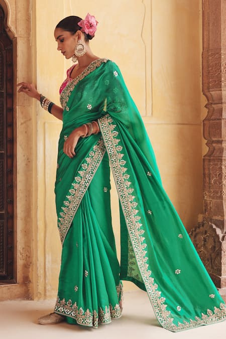 Buy Vinita Bhansali Green Silk Embroidery, Mirrors, Metallic Hariyali Banni Saree With Blouse Online at Aza Fashions Buy_Vinita Bhansali_Green Silk Embroidery, Mirrors, Metallic Hariyali Banni Saree With Blouse _Online_at_Aza_Fashions