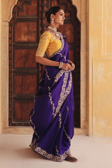 Buy Vinita Bhansali Mustard Silk Embroidery, Metallic Thread, Zari Parinaaz Hand Saree With Blouse Online at Aza Fashions Buy_Vinita Bhansali_Mustard Silk Embroidery, Metallic Thread, Zari Parinaaz Hand Saree With Blouse _Online_at_Aza_Fashions
