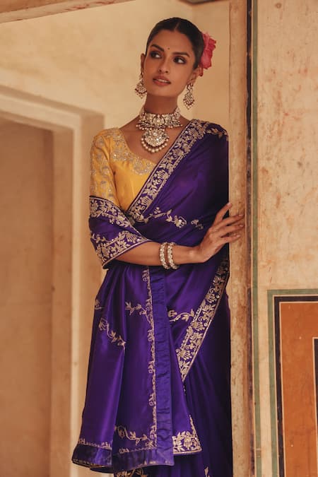 Shop Vinita Bhansali Mustard Silk Embroidery, Metallic Thread, Zari Parinaaz Hand Saree With Blouse Online at Aza Fashions Shop_Vinita Bhansali_Mustard Silk Embroidery, Metallic Thread, Zari Parinaaz Hand Saree With Blouse _Online_at_Aza_Fashions