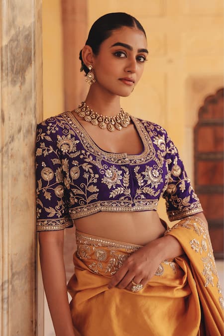 Shop Vinita Bhansali Blue Silk Embroidery, Zari Square Neck Aarna Hand Saree With Blouse Online at Aza Fashions Shop_Vinita Bhansali_Blue Silk Embroidery, Zari Square Neck Aarna Hand Saree With Blouse _Online_at_Aza_Fashions