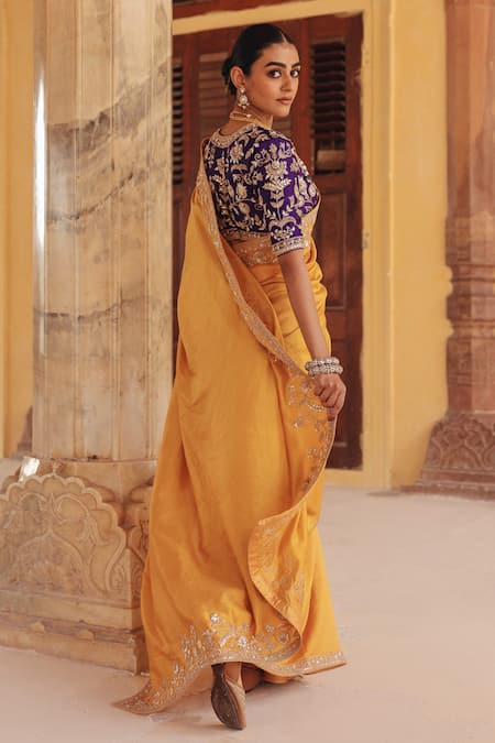 Shop Vinita Bhansali Blue Silk Embroidery, Zari Square Neck Aarna Hand Saree With Blouse at Aza Fashions Shop_Vinita Bhansali_Blue Silk Embroidery, Zari Square Neck Aarna Hand Saree With Blouse _at_Aza_Fashions