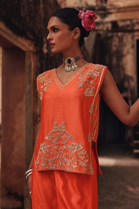 Buy Vinita Bhansali Orange Silk Embroidery, Metallic Thread, Sequins Saanjh Short Tunic With Pant Online at Aza Fashions Buy_Vinita Bhansali_Orange Silk Embroidery, Metallic Thread, Sequins Saanjh Short Tunic With Pant _Online_at_Aza_Fashions