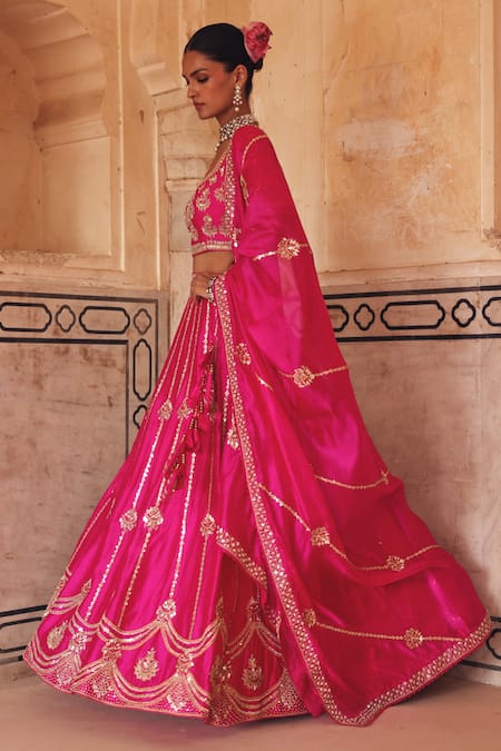 Vinita Bhansali Pink Silk Embroidery, Sequins, Zari, Tassels Avni Hand Striped Lehenga Set Online at Aza Fashions Vinita Bhansali_Pink Silk Embroidery, Sequins, Zari, Tassels Avni Hand Striped Lehenga Set _Online_at_Aza_Fashions