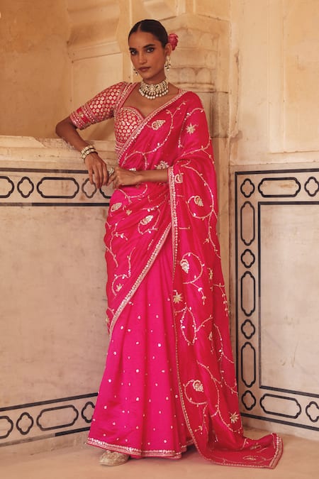 Vinita Bhansali Pink Silk Embroidery, Sequins, Zari Sweetheart Neck Falguni Saree With Blouse Online at Aza Fashions Vinita Bhansali_Pink Silk Embroidery, Sequins, Zari Sweetheart Neck Falguni Saree With Blouse _Online_at_Aza_Fashions