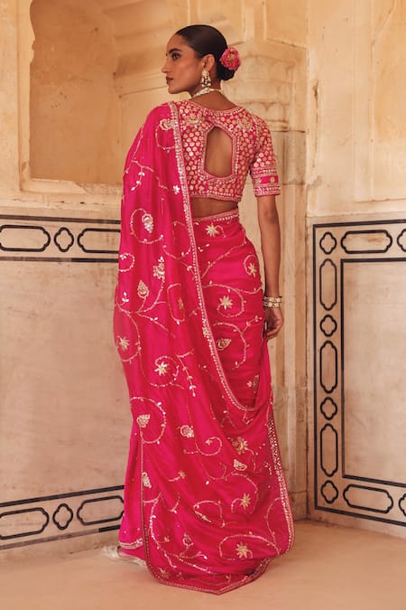 Shop Vinita Bhansali Pink Silk Embroidery, Sequins, Zari Sweetheart Neck Falguni Saree With Blouse at Aza Fashions Shop_Vinita Bhansali_Pink Silk Embroidery, Sequins, Zari Sweetheart Neck Falguni Saree With Blouse _at_Aza_Fashions