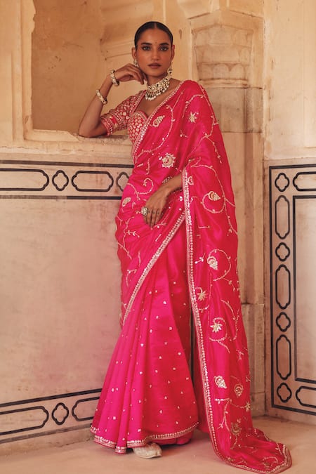 Buy Vinita Bhansali Pink Silk Embroidery, Sequins, Zari Sweetheart Neck Falguni Saree With Blouse Online at Aza Fashions Buy_Vinita Bhansali_Pink Silk Embroidery, Sequins, Zari Sweetheart Neck Falguni Saree With Blouse _Online_at_Aza_Fashions