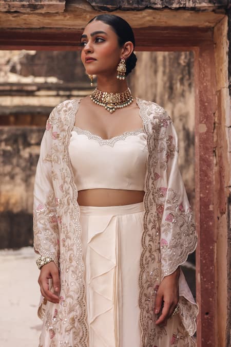 Buy Vinita Bhansali Ivory Crepe Open , Sweetheart Ambrai Hand Embroidered Cape Skirt Set Online at Aza Fashions Buy_Vinita Bhansali_Ivory Crepe Open , Sweetheart Ambrai Hand Embroidered Cape Skirt Set _Online_at_Aza_Fashions