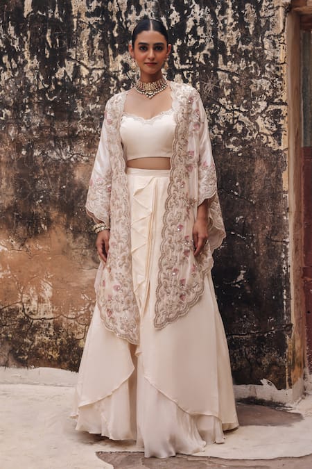 Vinita Bhansali Ivory Crepe Open , Sweetheart Ambrai Hand Embroidered Cape Skirt Set at Aza Fashions Vinita Bhansali_Ivory Crepe Open , Sweetheart Ambrai Hand Embroidered Cape Skirt Set _at_Aza_Fashions