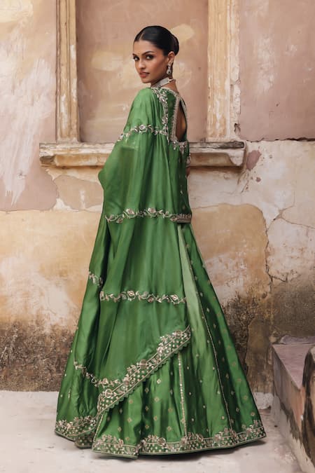 Shop Vinita Bhansali Green Silk Embroidery, Sequins, Mirrors, Metallic Damini Hand Kurta Lehenga Set at Aza Fashions Shop_Vinita Bhansali_Green Silk Embroidery, Sequins, Mirrors, Metallic Damini Hand Kurta Lehenga Set _at_Aza_Fashions