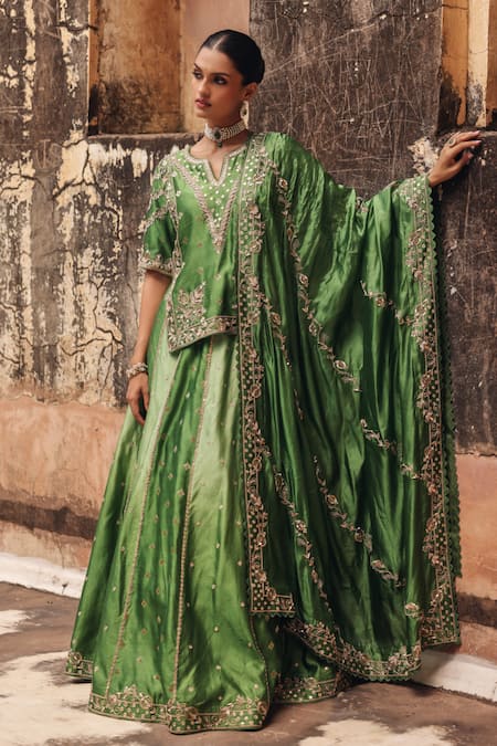 Shop Vinita Bhansali Green Silk Embroidery, Sequins, Mirrors, Metallic Damini Hand Kurta Lehenga Set Online at Aza Fashions Shop_Vinita Bhansali_Green Silk Embroidery, Sequins, Mirrors, Metallic Damini Hand Kurta Lehenga Set _Online_at_Aza_Fashions