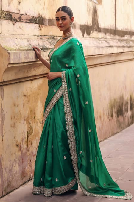 Vinita Bhansali Green Silk Embroidery, Sequins, Stones, Zari Hiral Saree With Blouse Online at Aza Fashions Vinita Bhansali_Green Silk Embroidery, Sequins, Stones, Zari Hiral Saree With Blouse _Online_at_Aza_Fashions