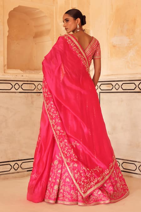 Shop Vinita Bhansali Pink Silk Embroidery, Sequins, Zari V-neck Gulbaag Hand Lehenga Set at Aza Fashions Shop_Vinita Bhansali_Pink Silk Embroidery, Sequins, Zari V-neck Gulbaag Hand Lehenga Set _at_Aza_Fashions