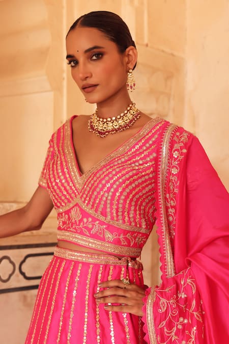 Buy Vinita Bhansali Pink Silk Embroidery, Sequins, Zari V-neck Gulbaag Hand Lehenga Set Online at Aza Fashions Buy_Vinita Bhansali_Pink Silk Embroidery, Sequins, Zari V-neck Gulbaag Hand Lehenga Set _Online_at_Aza_Fashions