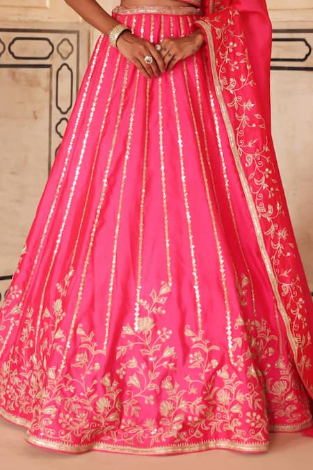 Shop Vinita Bhansali Pink Silk Embroidery, Sequins, Zari V-neck Gulbaag Hand Lehenga Set Online at Aza Fashions Shop_Vinita Bhansali_Pink Silk Embroidery, Sequins, Zari V-neck Gulbaag Hand Lehenga Set _Online_at_Aza_Fashions