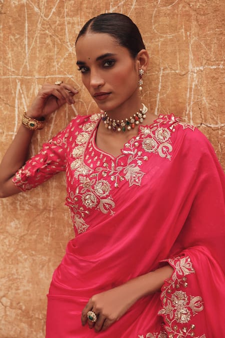 Vinita Bhansali Pink Silk Embroidery, Zari Square Neck Hand Saree And Padded Blouse Online at Aza Fashions Vinita Bhansali_Pink Silk Embroidery, Zari Square Neck Hand Saree And Padded Blouse _Online_at_Aza_Fashions