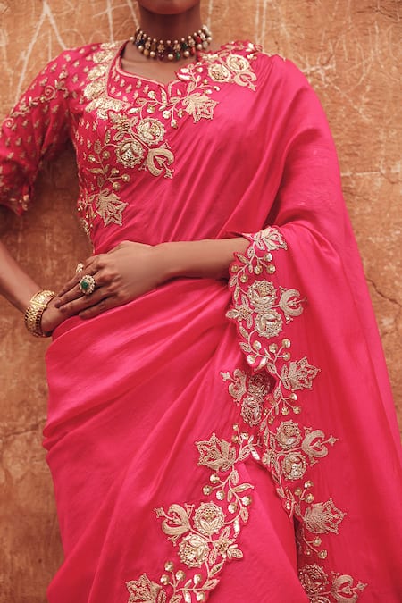 Buy Vinita Bhansali Pink Silk Embroidery, Zari Square Neck Hand Saree And Padded Blouse Online at Aza Fashions Buy_Vinita Bhansali_Pink Silk Embroidery, Zari Square Neck Hand Saree And Padded Blouse _Online_at_Aza_Fashions